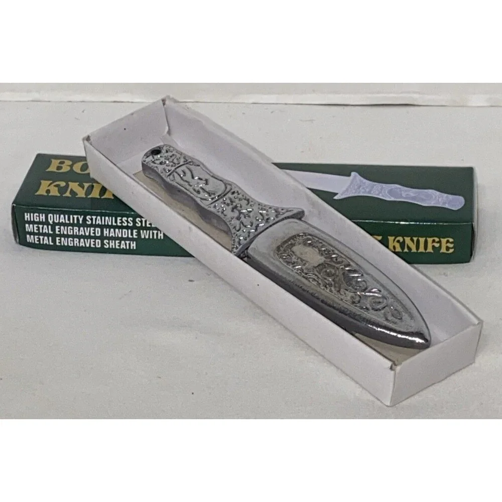 Boot Knife Stainless Steel Blade Engraved Metal Handle & Sheath IN BOX